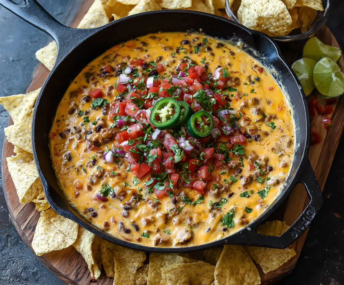Creamy Cowboy Queso Dip with melted cheese, chili peppers, and ground beef served in a rustic bowl.