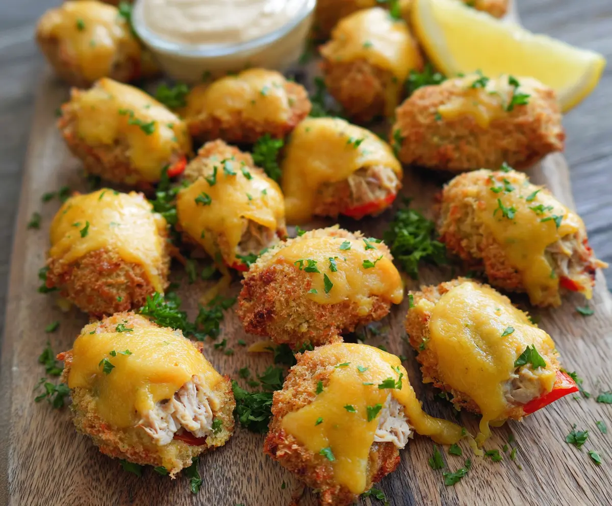 Delicious Tuna Melt Poppers with melted cheese and crispy breading, perfect for snacks or appetizers.