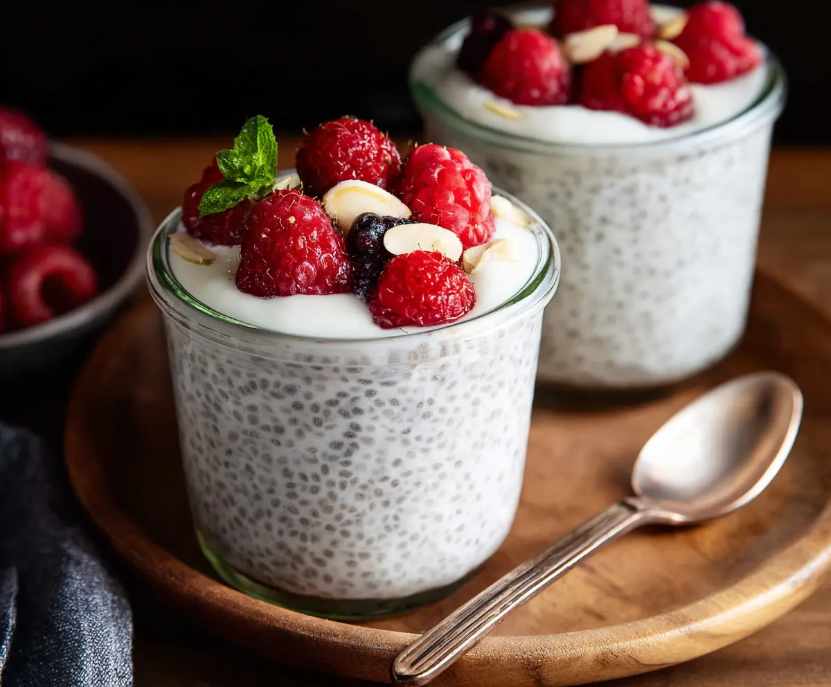 Creamy vanilla chia seed pudding topped with Greek yogurt, ideal for a healthy breakfast or snack.