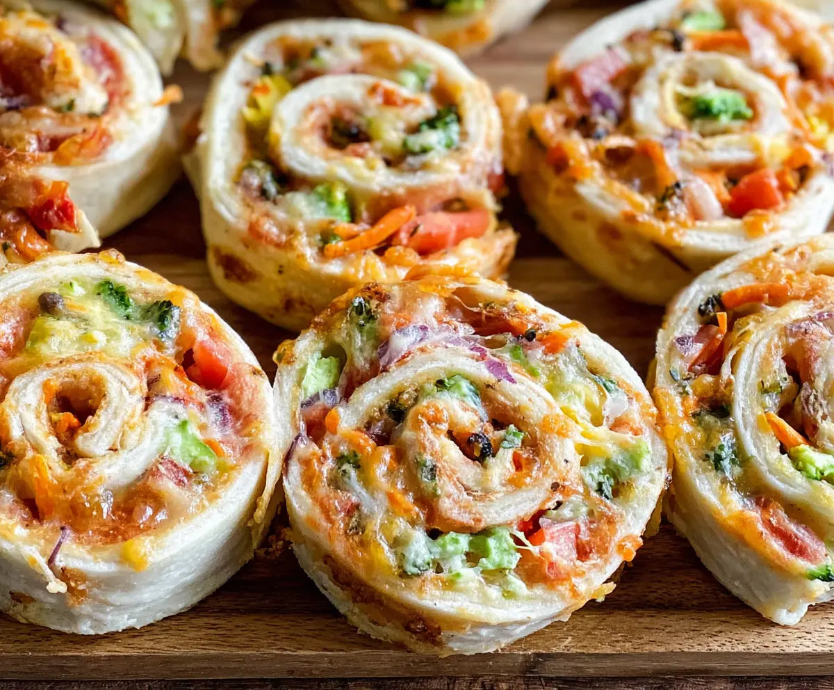 Colorful veggie pizza pinwheels with fresh vegetables and melted cheese, perfect for snacks and parties
