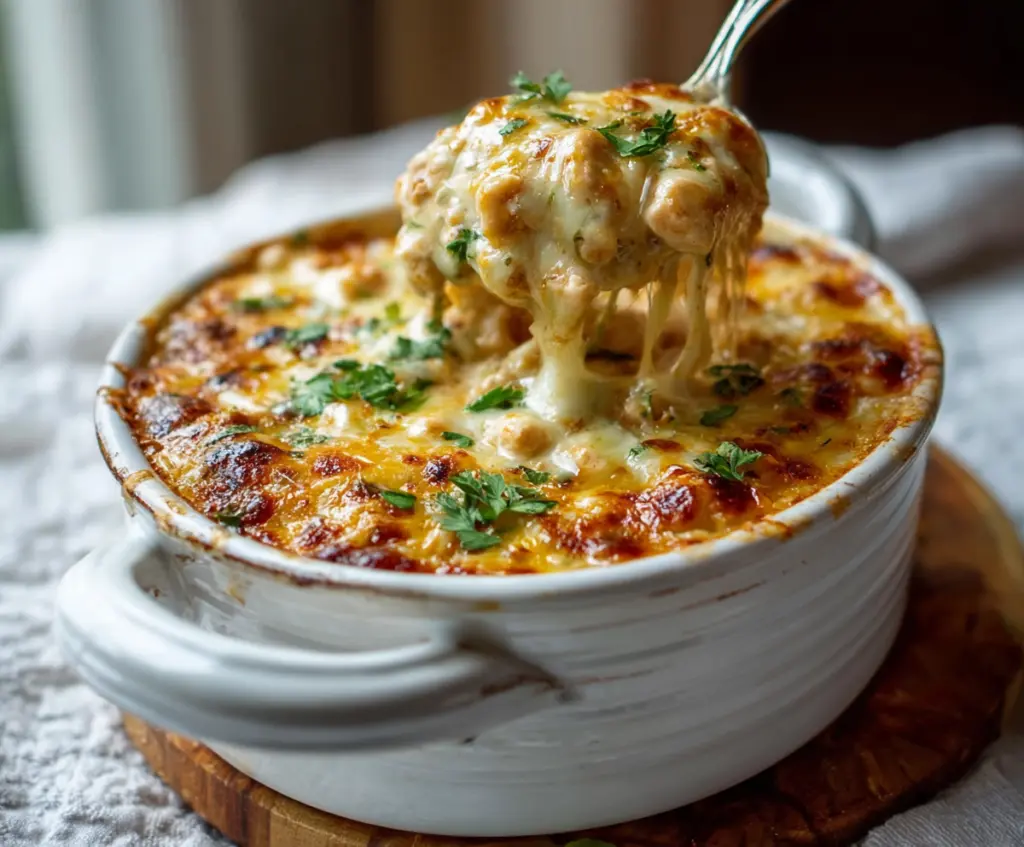 Delicious White Chicken Chili Cottage Cheese Winter Bake served in a rustic dish, perfect for a cozy dinner.