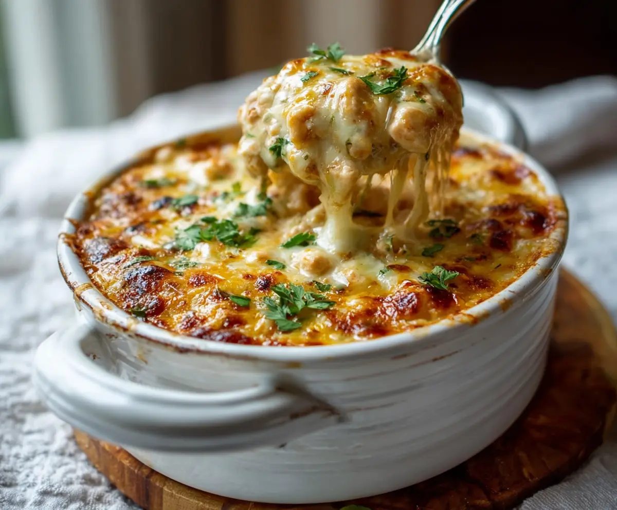 Delicious White Chicken Chili Cottage Cheese Winter Bake served in a rustic dish, perfect for a cozy dinner.