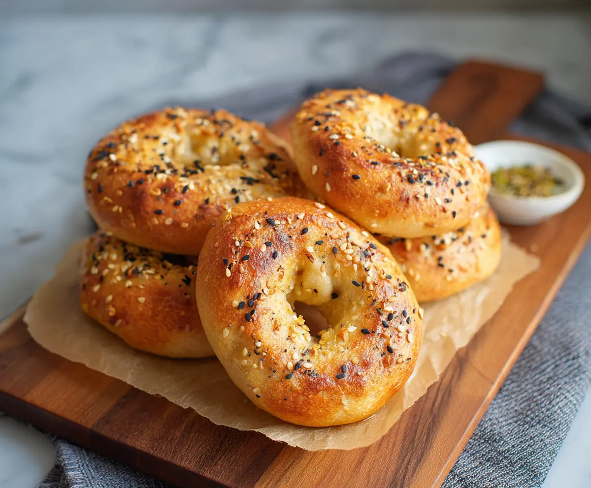 Homemade 3-ingredient Greek yogurt bagels on a plate, showcasing a simple and healthy baking recipe.