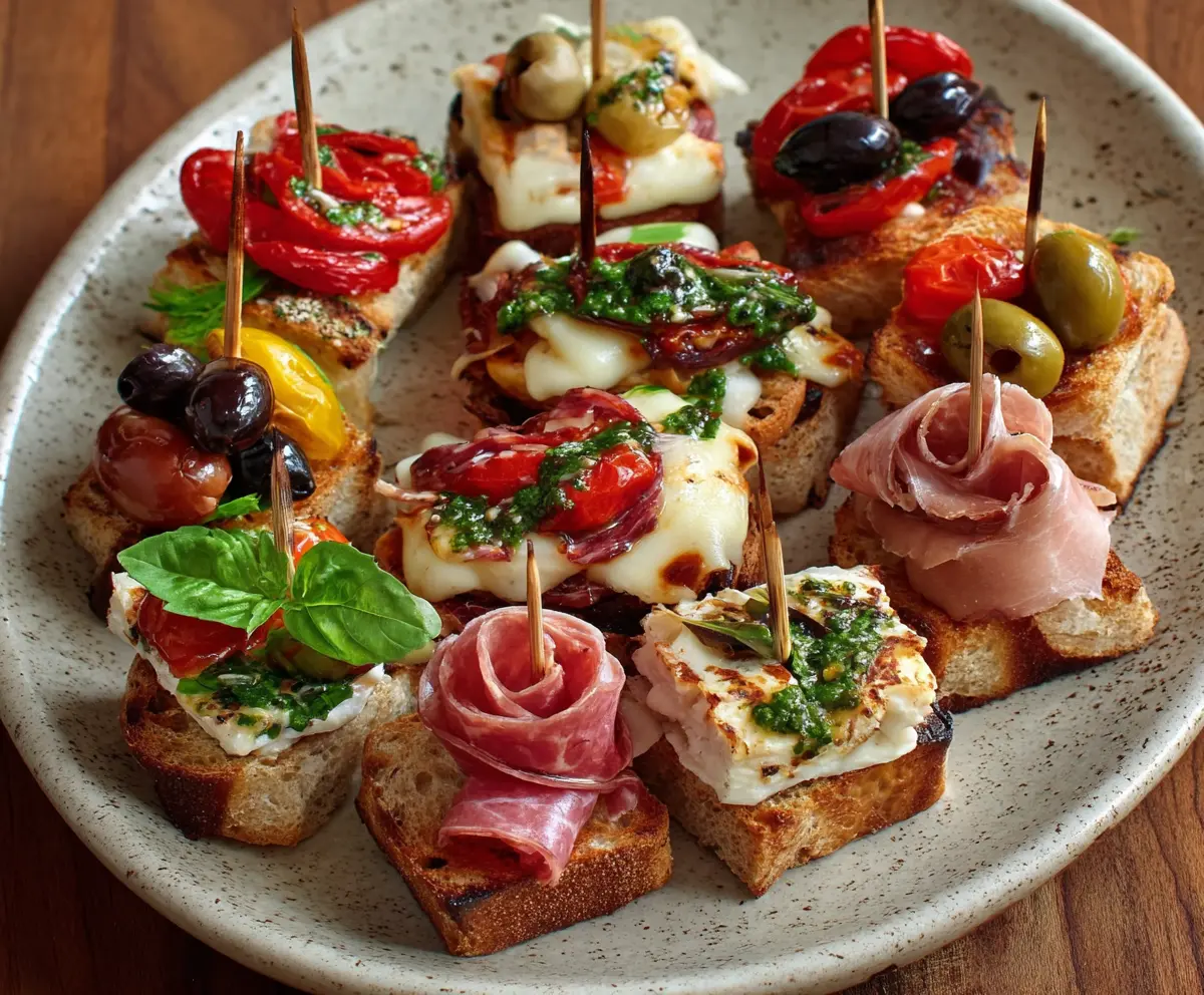 Close-up of Antipasto Bites featuring charcuterie, cheese, and vegetables on a platter.