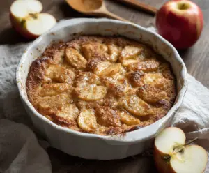 Delicious Apple Cinnamon Cottage Cheese Bake topped with fresh cinnamon and apple slices.