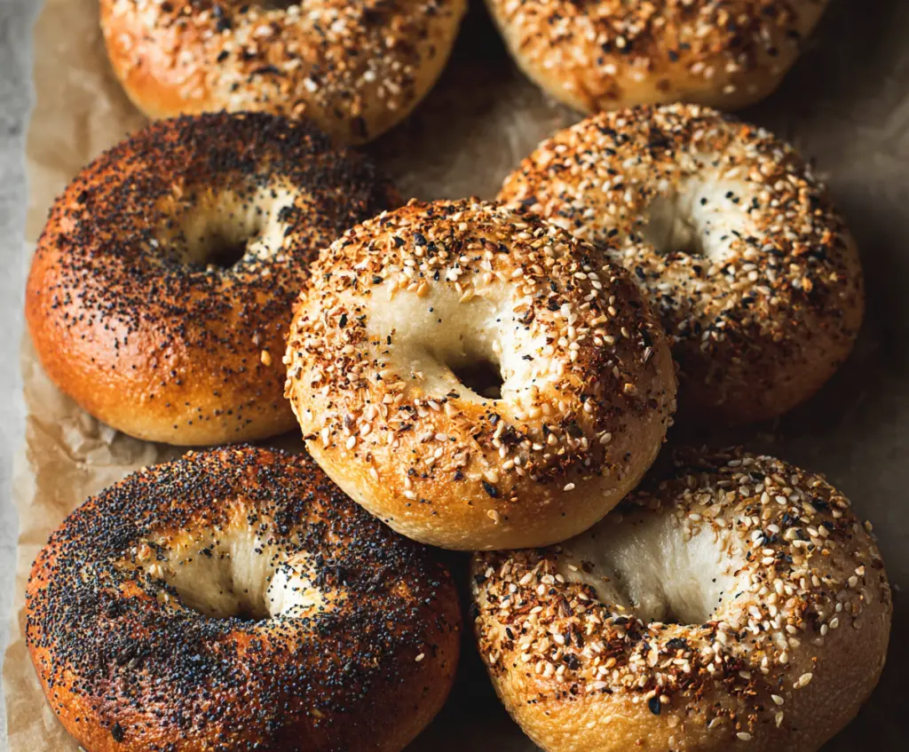Freshly baked authentic New York style bagels on a wooden board.