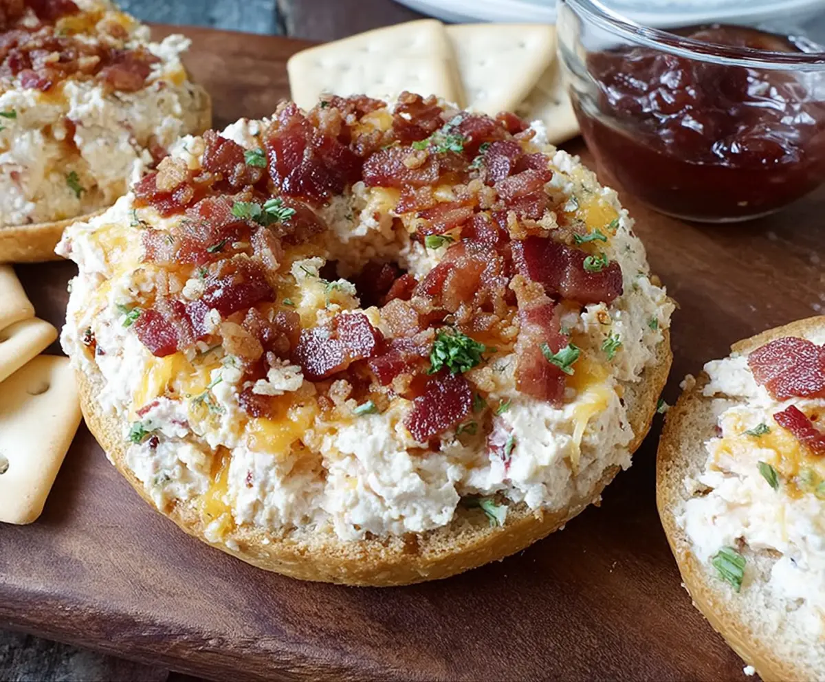 Delicious Bacon Cheese Ring Party Dip with crispy bacon and melted cheese served as an appetizer.