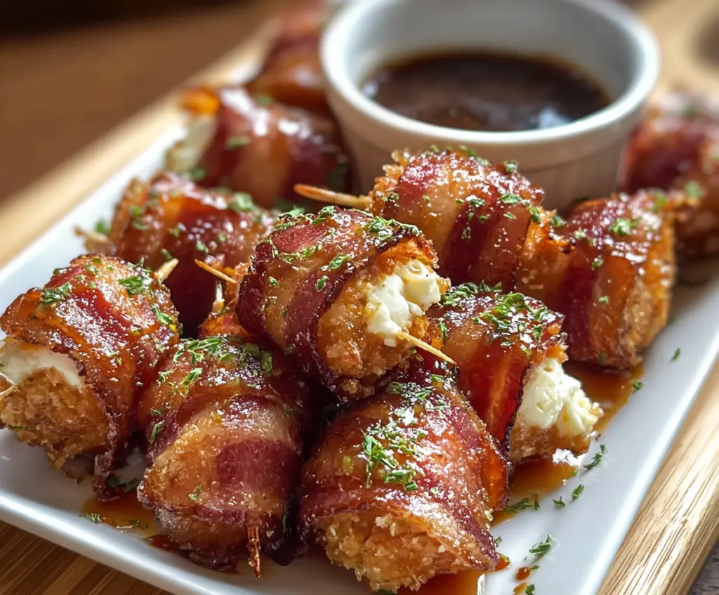 Delicious Bacon Mozzarella Poppers drizzled with sweet maple glaze, perfect for appetizer or snack.