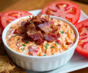 Creamy bacon and tomato dip served with fresh vegetables, perfect for appetizers.