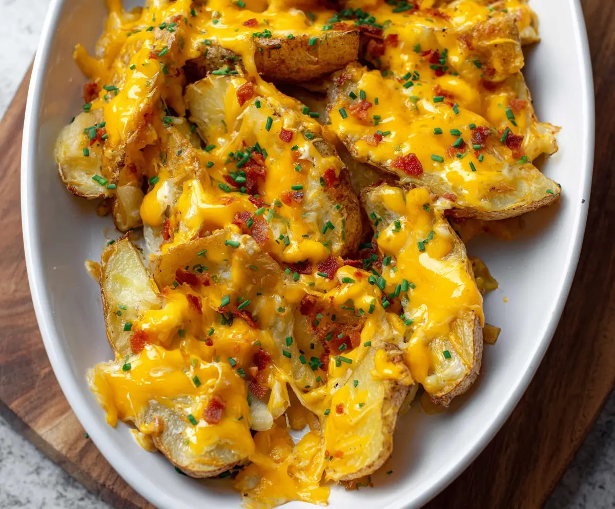 Golden baked cheddar ranch potatoes garnished with fresh herbs on a rustic plate.