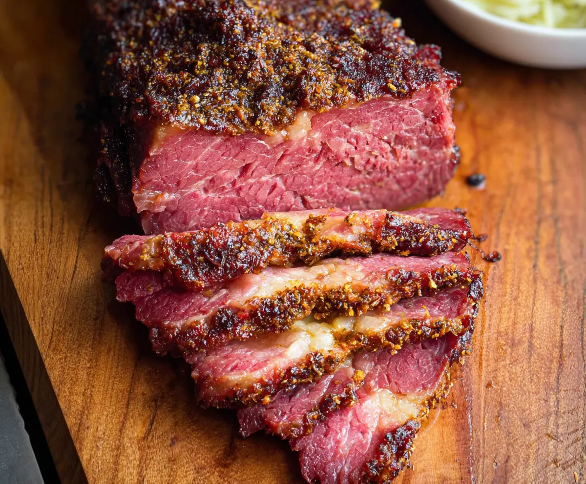 Delicious baked corned beef served with vegetables and herbs.