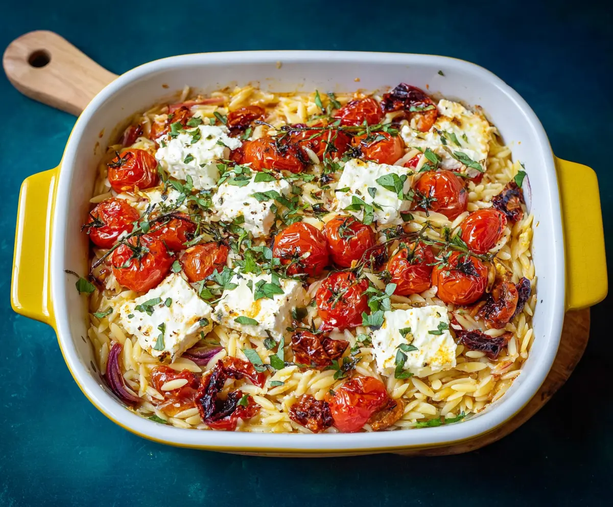 Delicious baked feta orzo pasta dish garnished with fresh herbs and cherry tomatoes