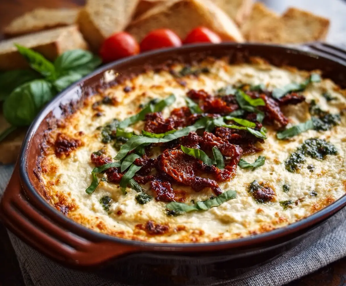 Delicious baked pesto and sun-dried tomato dip served with fresh bread slices.
