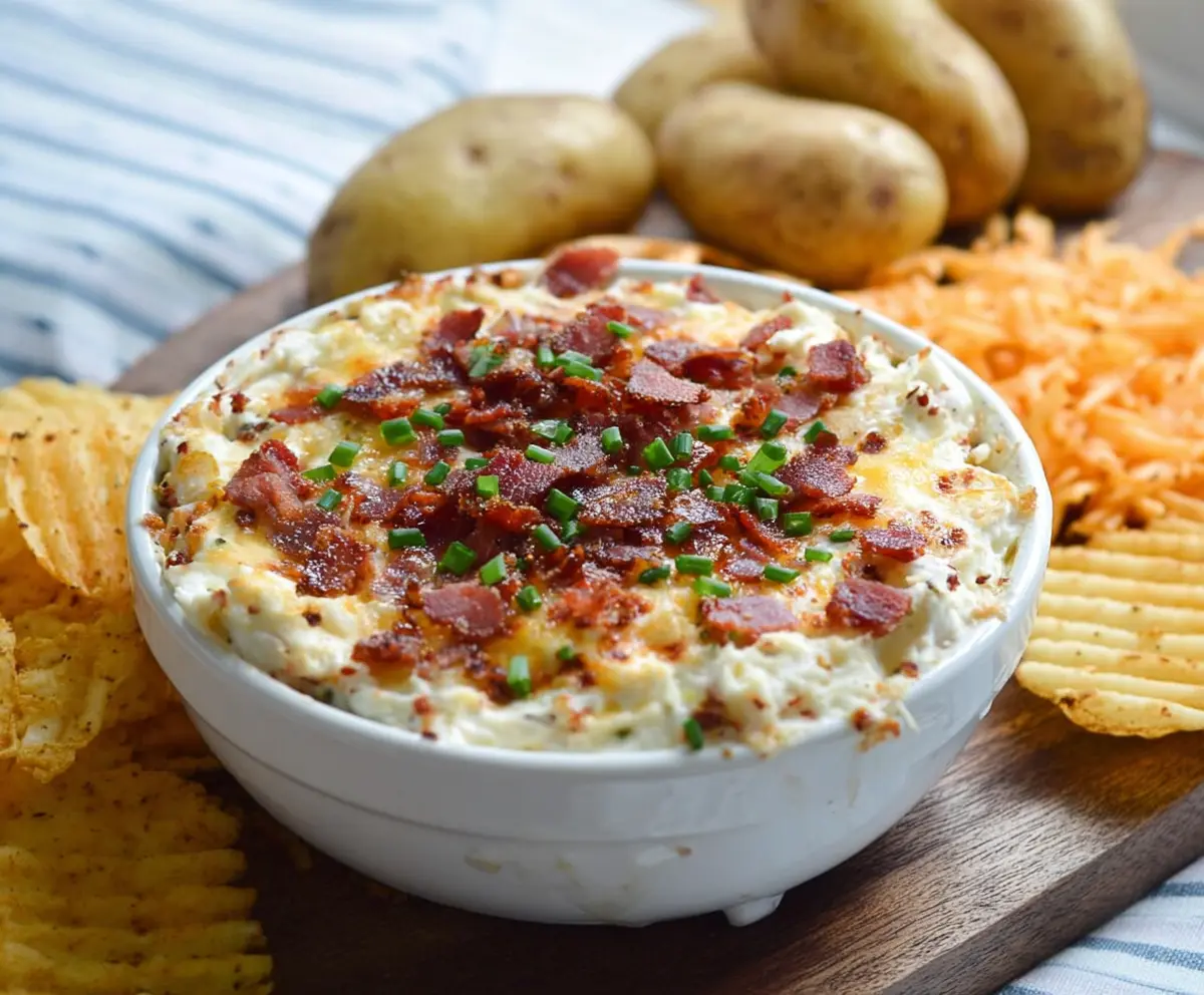 Creamy baked potato dip garnished with herbs and served with crispy chips, perfect for sharing at parties.