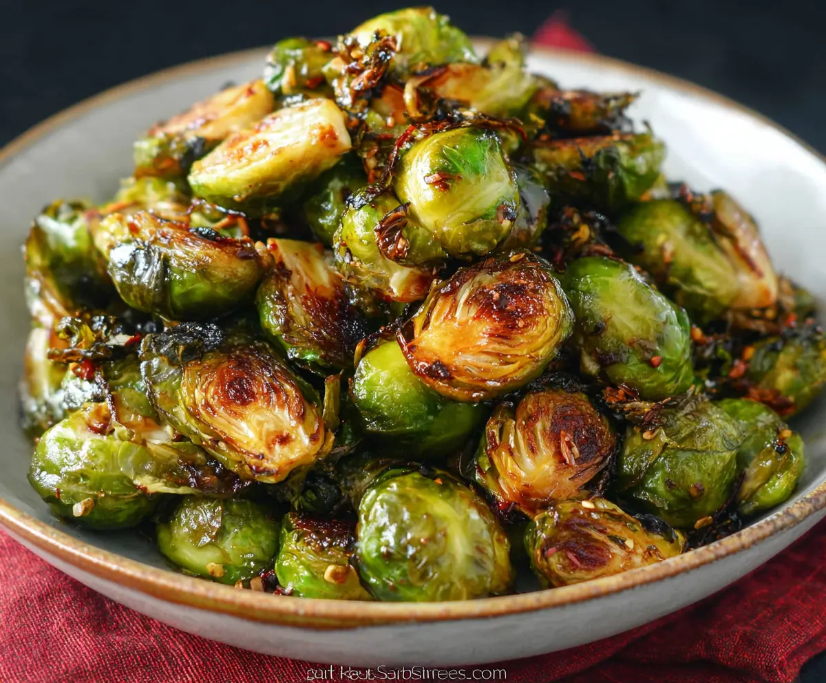 Delicious balsamic glazed Brussels sprouts served on a white plate