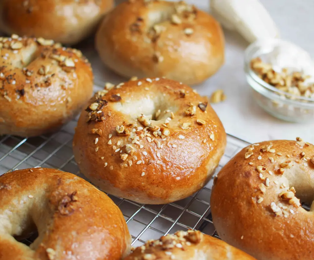 Delicious banana nut bagels fresh out of the oven with a golden crust.