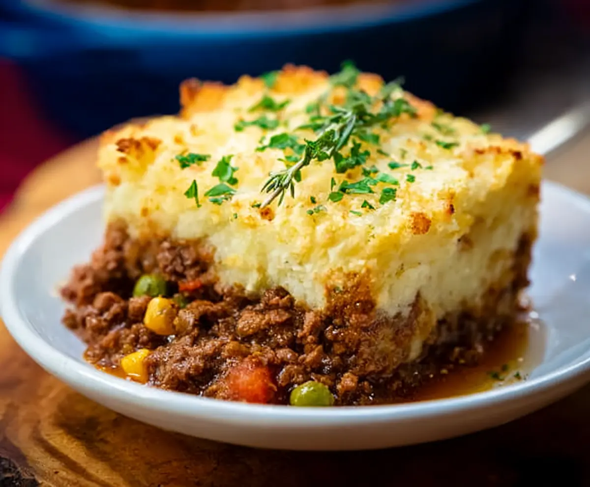 Delicious homemade Beef Shepherd's Pie with mashed potato topping and savory beef filling.