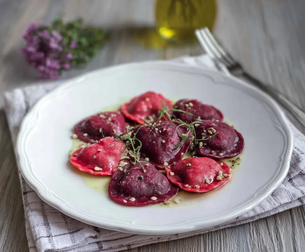 Delicious beet heart ravioli on a white plate garnished with herbs