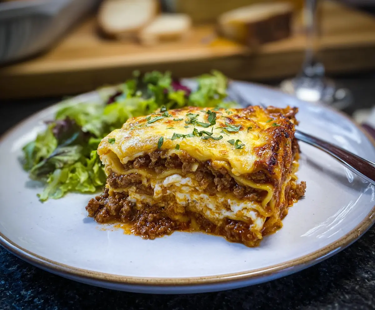 Delicious homemade Bison Lasagna with layers of rich meat sauce and melted cheese