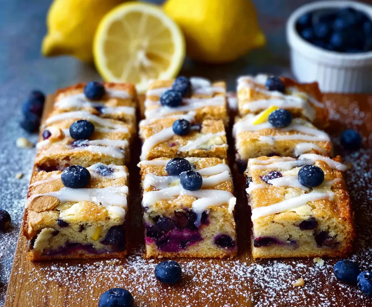 Delicious Blueberry Lemon Blondies on a serving plate with fresh blueberries and lemon slices.