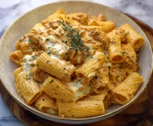 Creamy Boursin cheese rigatoni pasta dish garnished with herbs for a delicious Italian-inspired meal.