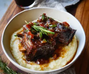 Juicy braised short ribs served with vegetables on a rustic wooden plate.