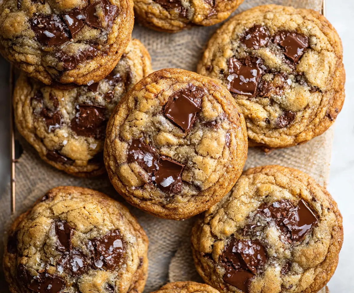 Close-up of golden brown Brown Butter Sourdough Discard Cookies on a baking tray, showcasing their crispy edges.