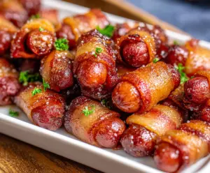 Delicious Brown Sugar Bacon Little Smokies appetizer on a platter, perfect for parties.