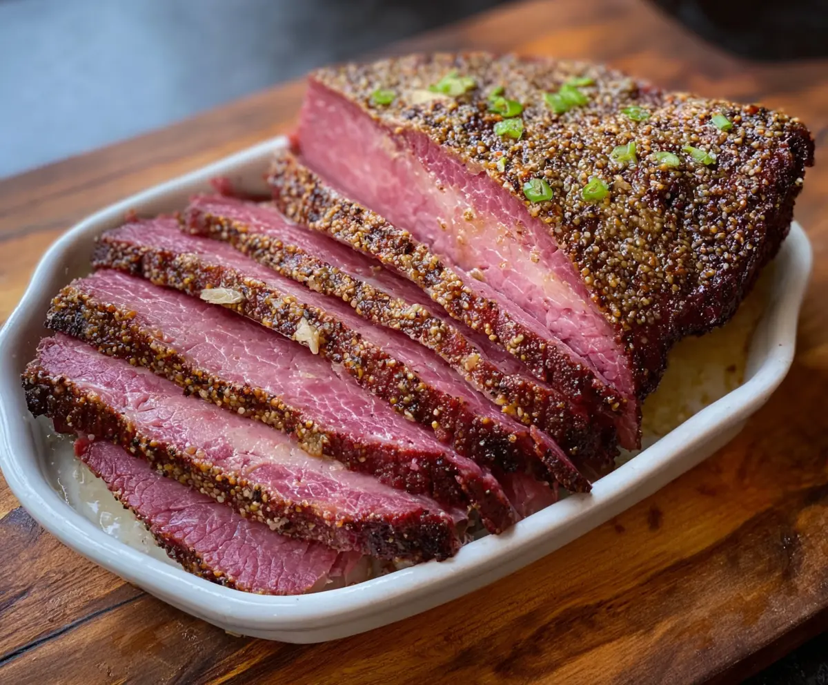Delicious Brown Sugar Dijon Corned Beef Brisket with spices and tender texture
