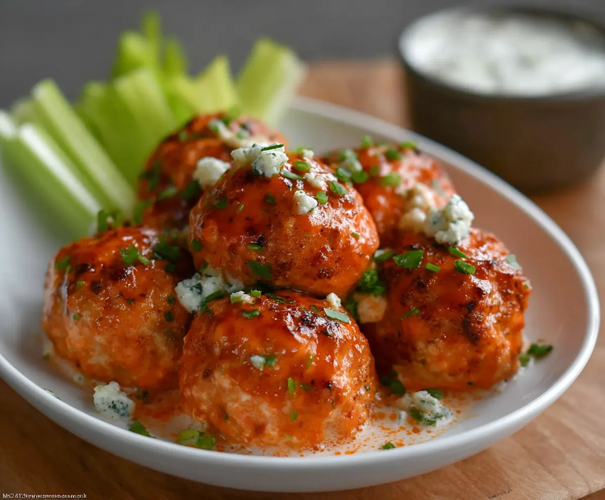Spicy Buffalo Chicken Meatballs served with dipping sauce on a white plate