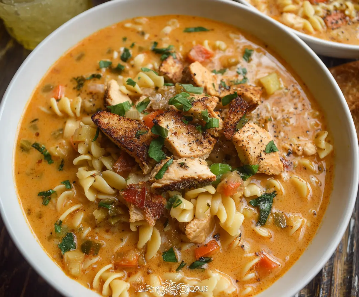 Delicious Cajun Chicken Soup Pasta served in a bowl with fresh herbs