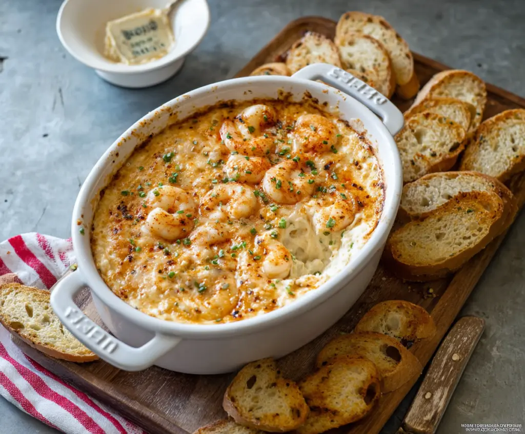 Creamy Cajun Shrimp Dip garnished with fresh herbs, perfect for appetizers.