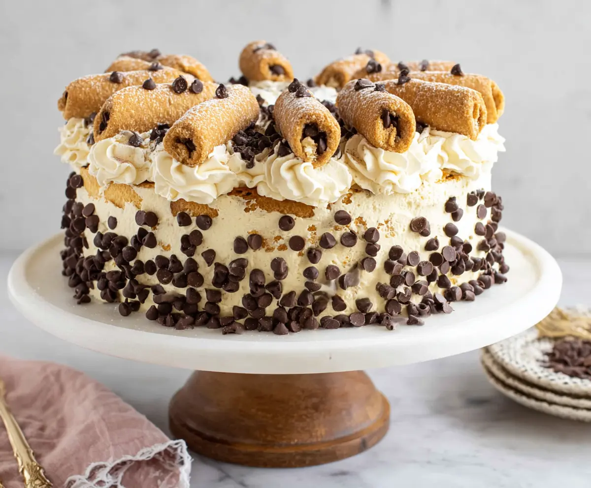 Delicious Cannoli Cake with creamy ricotta frosting and chocolate chips, sliced to reveal tasty layers.