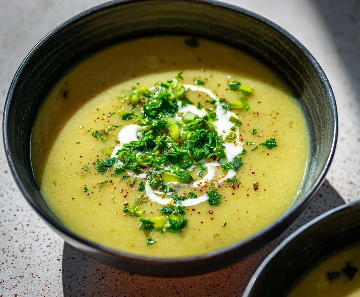 Creamy celery and leek soup in a white bowl garnished with fresh herbs, perfect for a healthy meal.