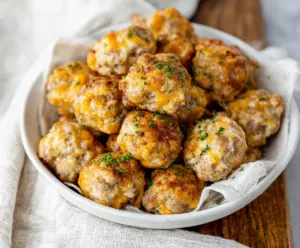 Delicious Cheddar Bay Sausage Balls on a platter, perfect for appetizers and snacks.