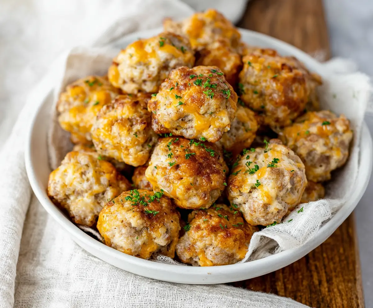 Delicious Cheddar Bay Sausage Balls on a platter, perfect for appetizers and snacks.