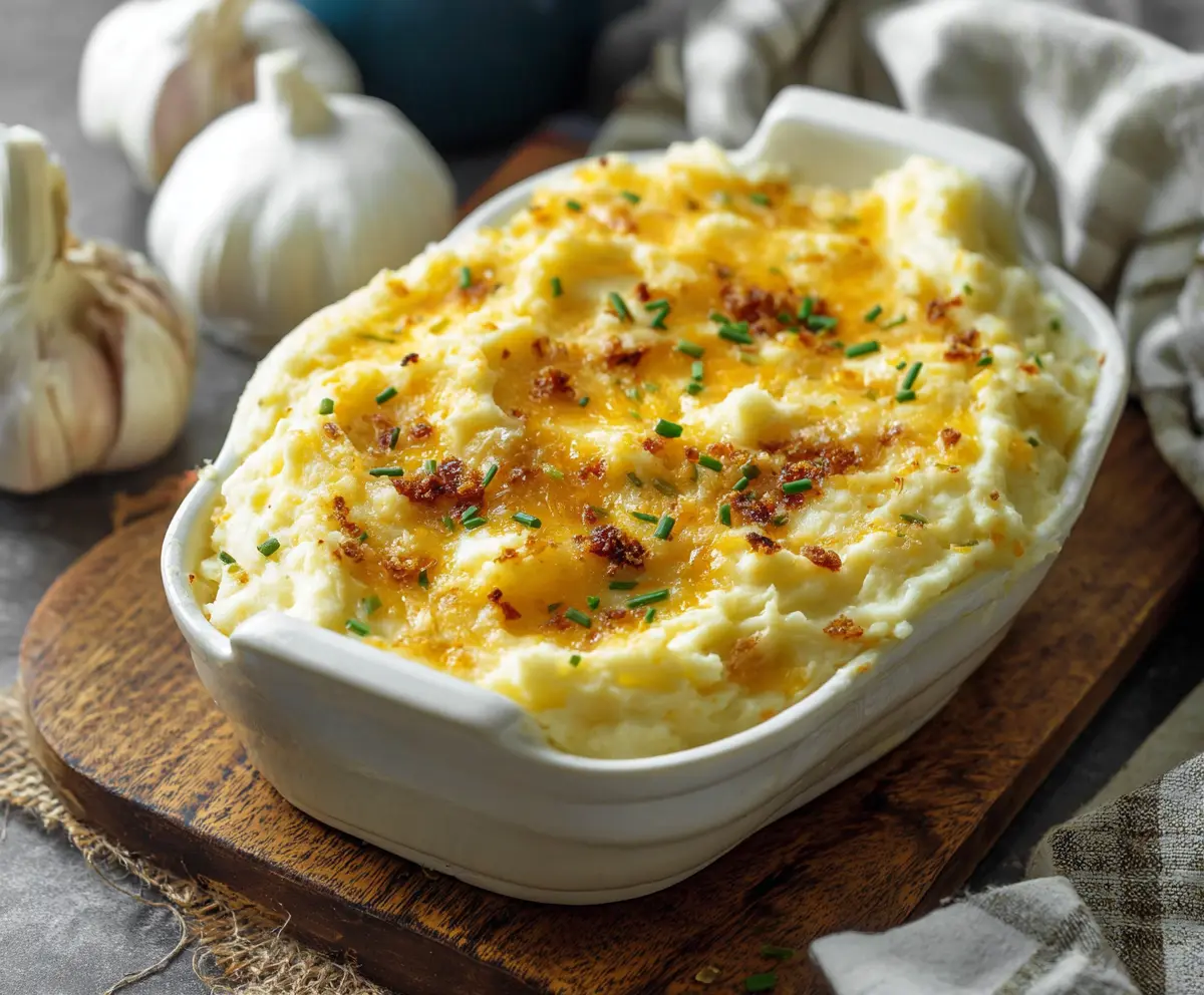 Creamy cheesy garlic mashed potatoes served as a comforting side dish.