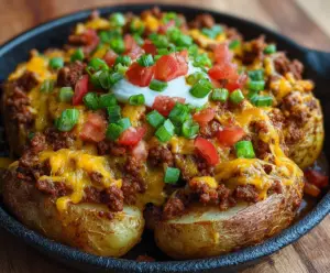 Delicious cheesy taco potatoes served on a plate with fresh toppings and vibrant colors.