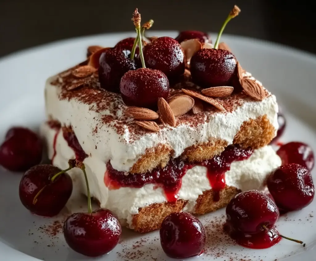 Delicious Cherry Amaretto Tiramisu dessert garnished with fresh cherries and cocoa powder.