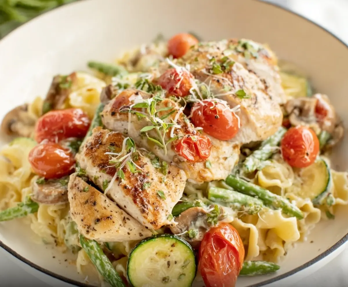 Delicious Chicken Primavera with fresh vegetables and pasta on a plate