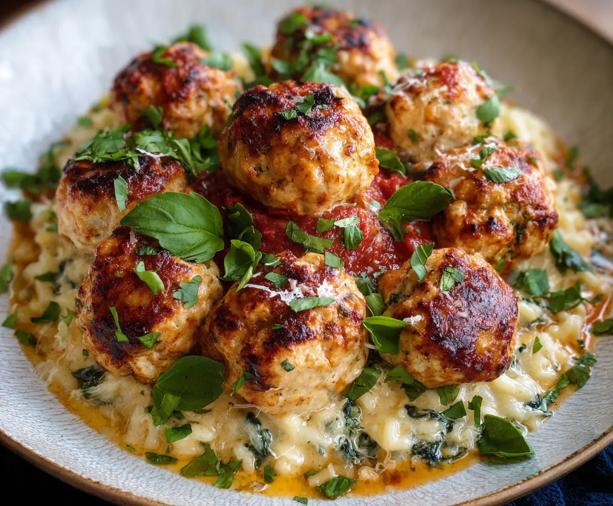Delicious chicken ricotta meatballs served with tomato sauce on a plate