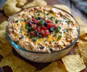 Delicious Chicken Taco Dip with melted cheese, seasoned chicken, and fresh toppings served in a bowl.