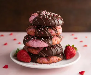 Delicious chocolate-covered strawberry cookies on a white plate, perfect for dessert or special occasions.