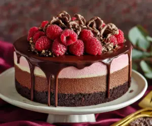 Delicious Chocolate Raspberry Mousse Cake with a rich, smooth texture and fresh raspberry topping