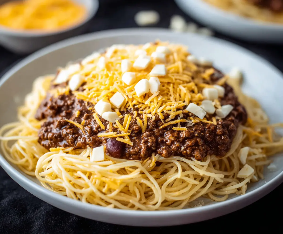 Delicious Cincinnati Chili Spaghetti topped with cheddar cheese and onions.