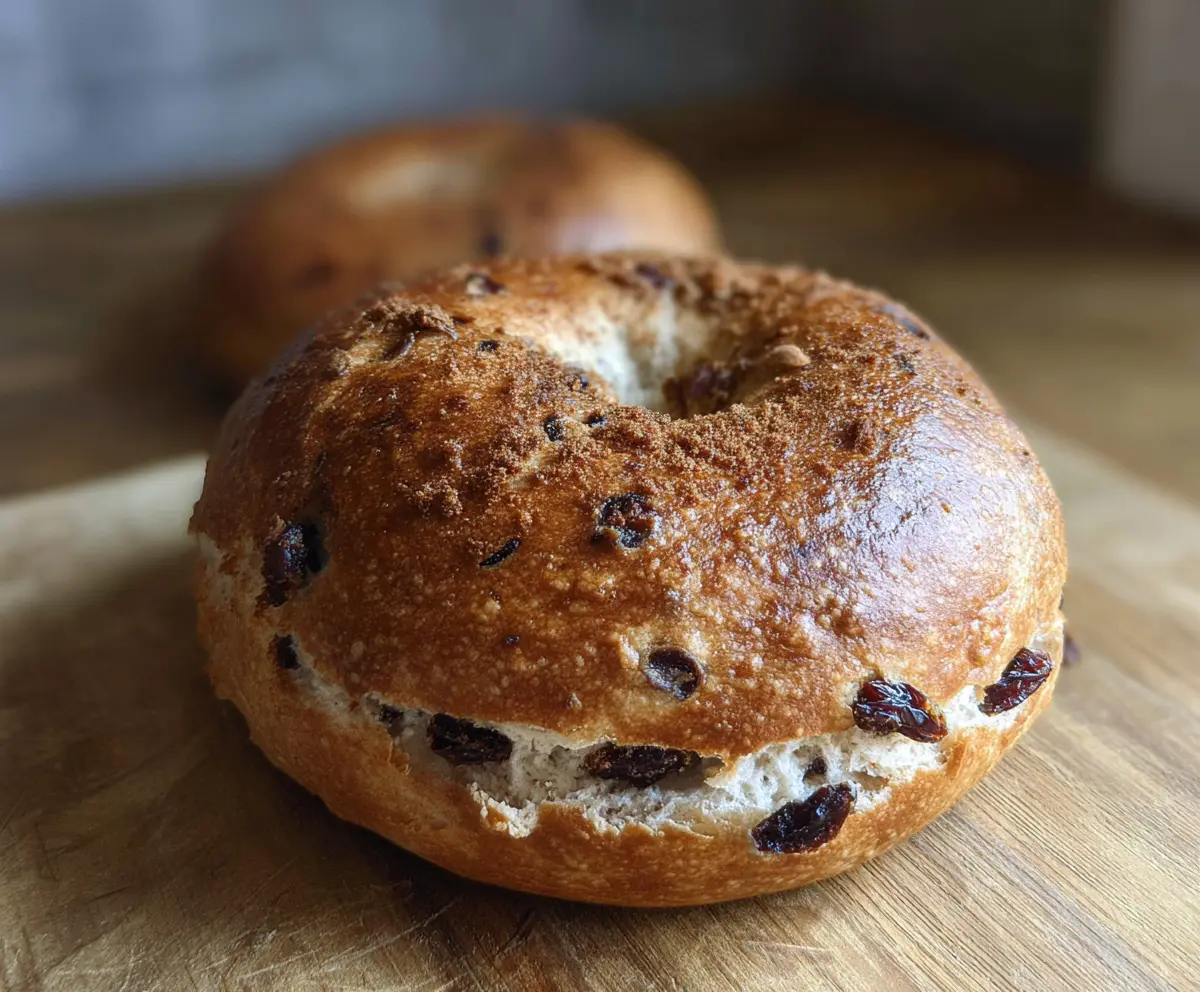Fresh cinnamon raisin sourdough bagels on a wooden board with creamy spread