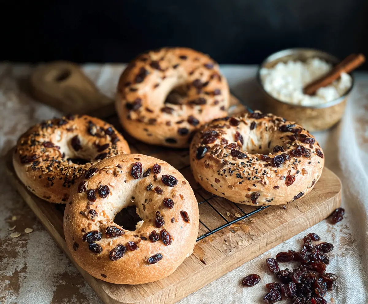 Delicious cinnamon raisin yogurt bagels with a golden-brown crust on a rustic wooden table.