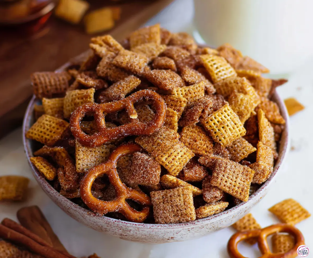 Delicious Cinnamon Sugar Chex Mix in a bowl, coated with cinnamon and sugar, perfect for snacking.