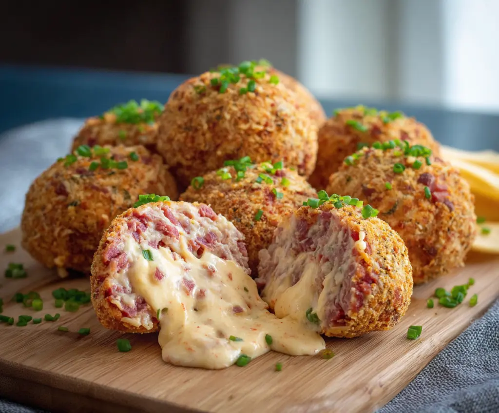 Delicious corned beef and cheese balls served as a savory snack or appetizer.