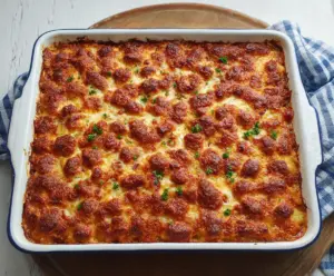Delicious corned beef casserole with melted cheese and crispy potatoes served in a baking dish.